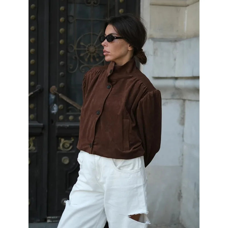 LIZAKOSHT  -  Elegant Fashion Brown Stand Collar Jackets Street Chic Single-Breasted Coat for Woman Gray Outerwear 2025 Autumn Long Sleeve Top