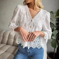 LIZAKOSHT  -  Spring Floral Embroidery Long Sleeve Cardigan Women Causal Lace Stitching Tops Temperament 2024 Chiffon V-neck Blouse Blusa New