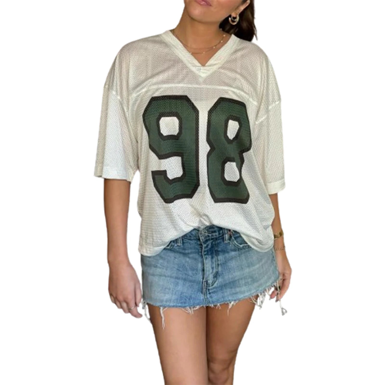 LIZAKOSHT  -  Women T-shirts Short Sleeve V Neck Contrasting Fashion Numbers Print Summer Oversized Pullover Tops Streetwear for Casual Daily