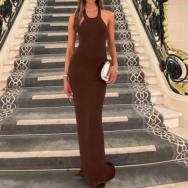 LIZAKOSHT  -  Temperament Halter Edge Curl Sleeveless Long Bodycon Solid Dress Tight Banquet Party Elegant Ladies Summer Backless Gowns
