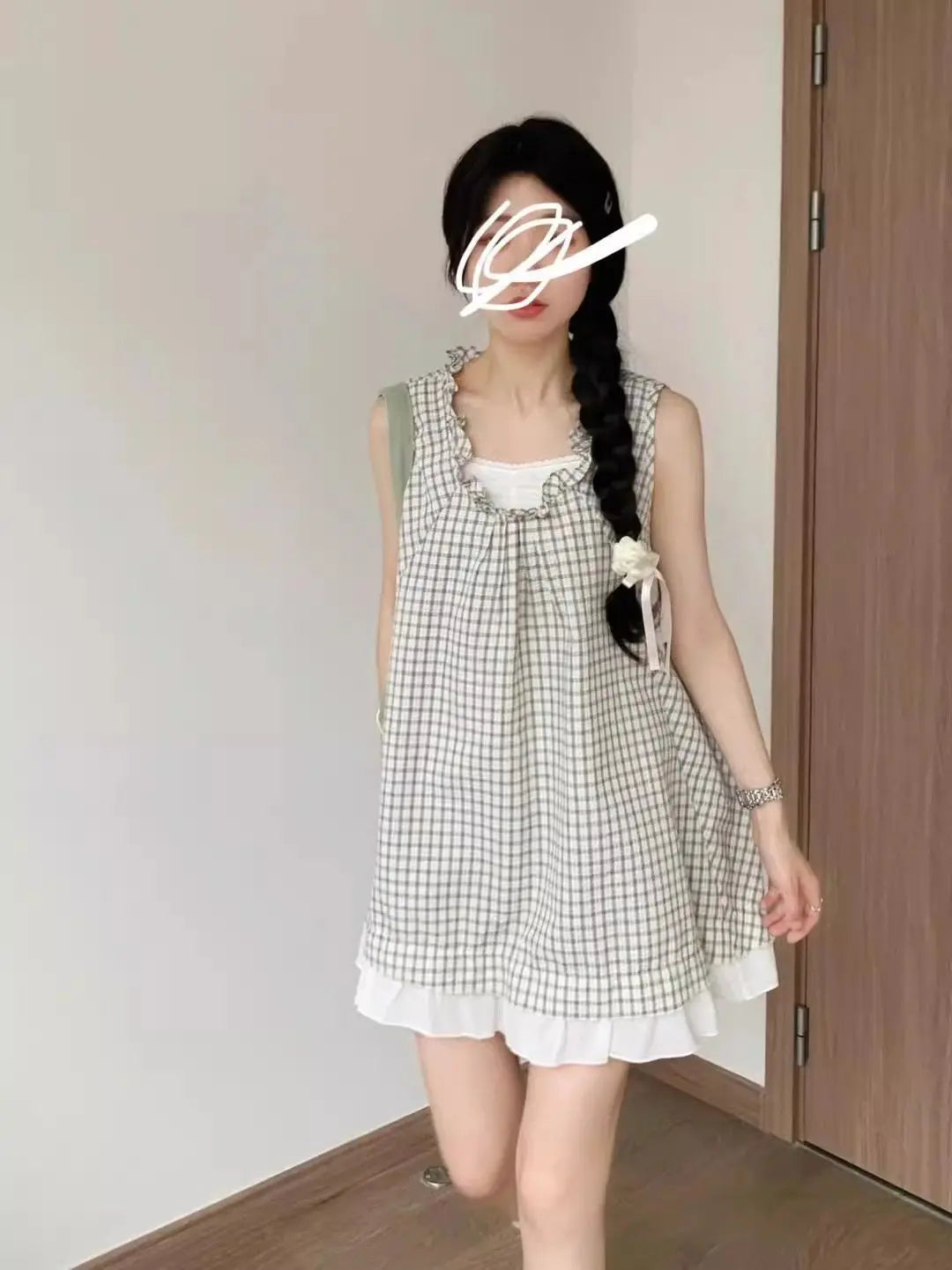 LIZAKOSHT  -  New Reduced Aging Checkered Fake Two Piece Sleeveless Splicing Summer Lace Sweet Loose Strap Top Tank Top