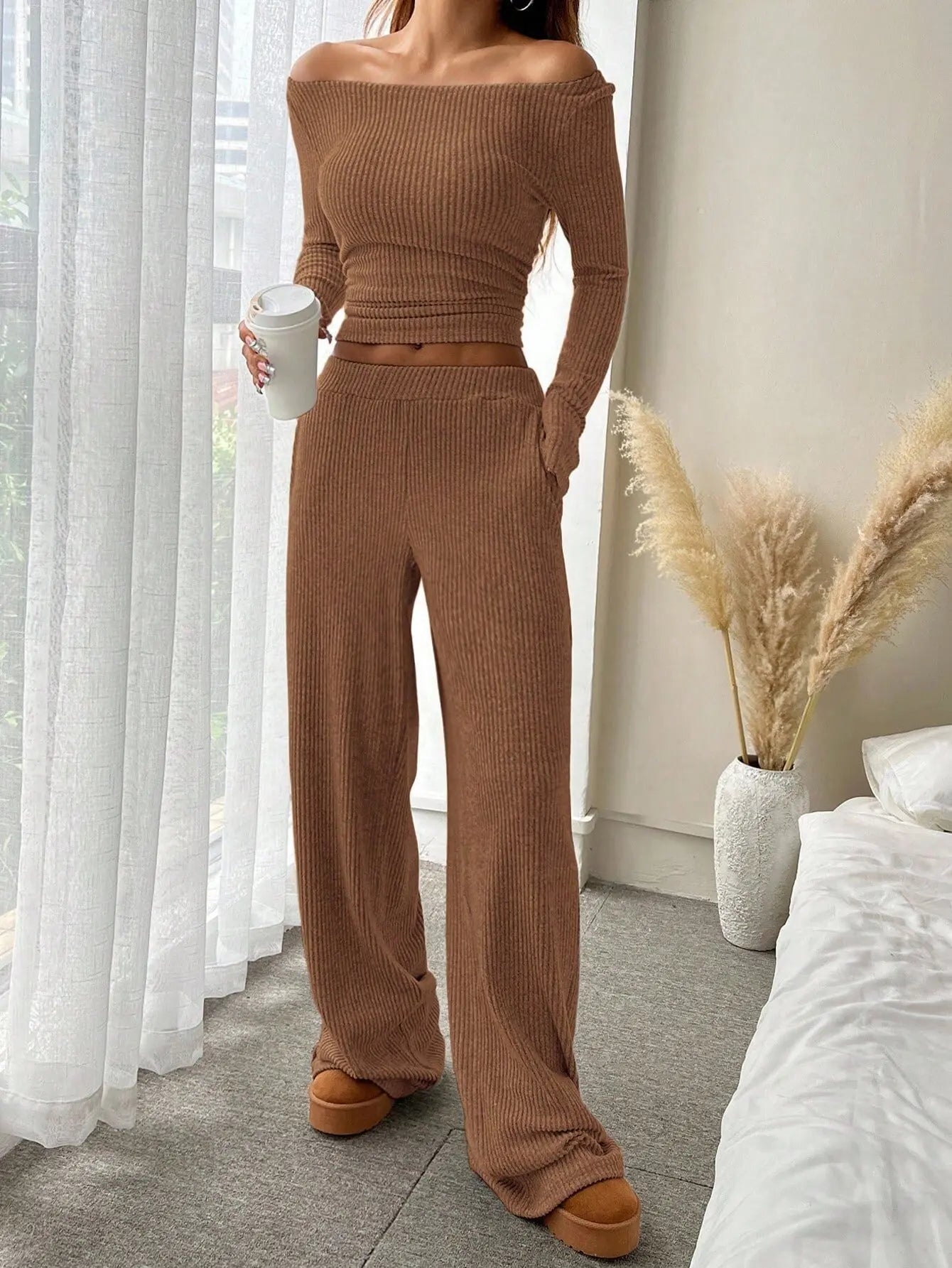 LIZAKOSHT  -  Fall Winter Women 2 Piece Set Solid Off Shoulder Long Sleeve Top Elastic Waist Wide Leg Pants Fashion Casual Outfit