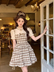 LIZAKOSHT  -  Japan Vintage Plaid Dress Women Casual Short Sleeve Slim Party Y2k Mini Dress Women Kawaii Clothing One Piece Dress Korean Summe