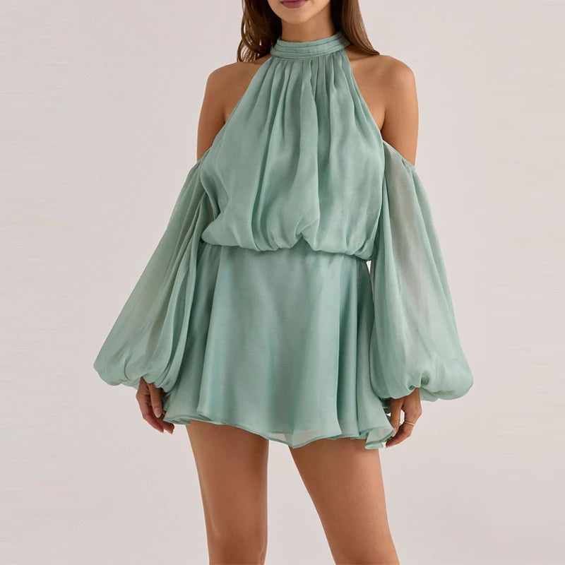 LIZAKOSHT  -  Sexy Hang Neck Flared Sleeve Beach Holiday Dress Elegant Solid Irregular High Waist Dress Temperament Pleated Off Shoulder Dress