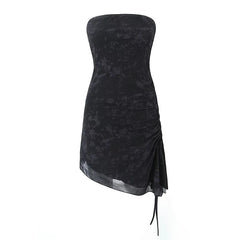 LIZAKOSHT  -  Sexy Women Vintage Floral Print Side Drawstring Ruched Asymmetrical Strapless Dress Summer Female Party Mini Robe