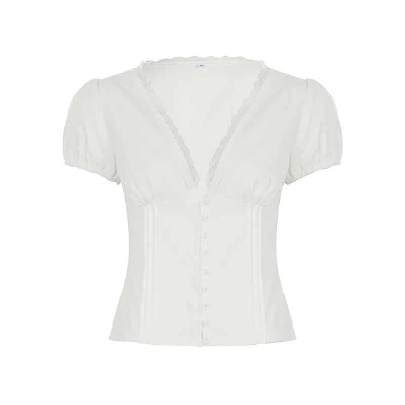 LIZAKOSHT  -  Lace Patchwork Solid Blouses for Women Single-breasted Fashion Slim Clothes Streetwear V-neck Short Sleeves Tops