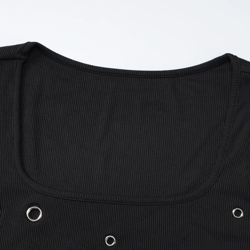 LIZAKOSHT  -  Trend Black Sexy Metal Eyelet Skinny U Collar Sleeveless Strap Short Vest Tank Tops Hottie Y2K Casual Rave Party Streetwear