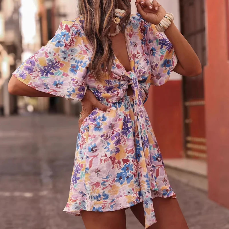 LIZAKOSHT  -  Daily street wear printed elastic waist design women's dress V-neck pullover short sleeved lace up beach leisure vacation dress