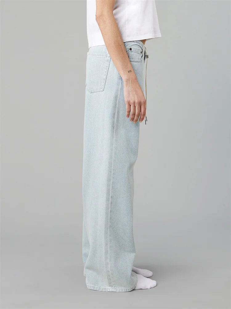LIZAKOSHT  -  Women Drawstring Jeans Loose Solid Color Low Waist Straight Leg Denim Pants Casual Long Trousers Out Going Pants