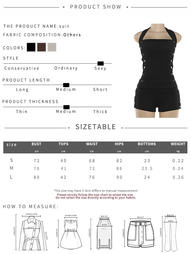 LIZAKOSHT  -  Buckle Decoration 2-Piece Set Women Halter Low-Neck Vest+Elastic Waist Mini Short Sexy Hottie Street Fashion Suit