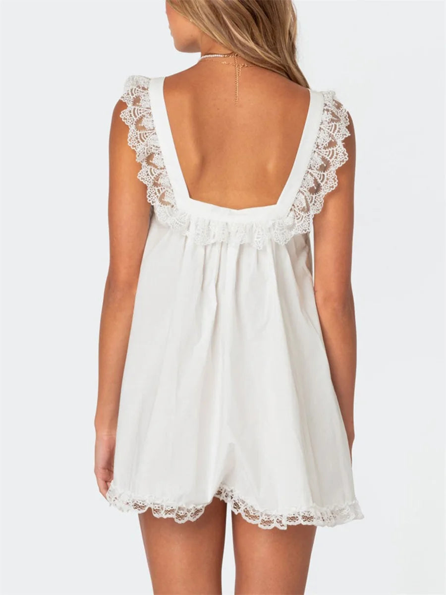 LIZAKOSHT  -  Women Y2K Lace Trim Mini Dress Cute Fly Sleeve Bowknot Babysoll Short Dress Summer Fairy Grunge Party Night Dress