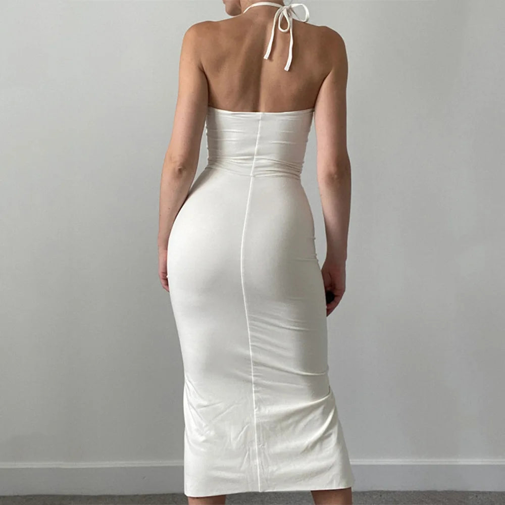 LIZAKOSHT  -  Summer New Dstring Pleated ter Dr Sexy Tight Wrap around Bodycon Long Skirt without Sve Polyester Fiber Midi Dr