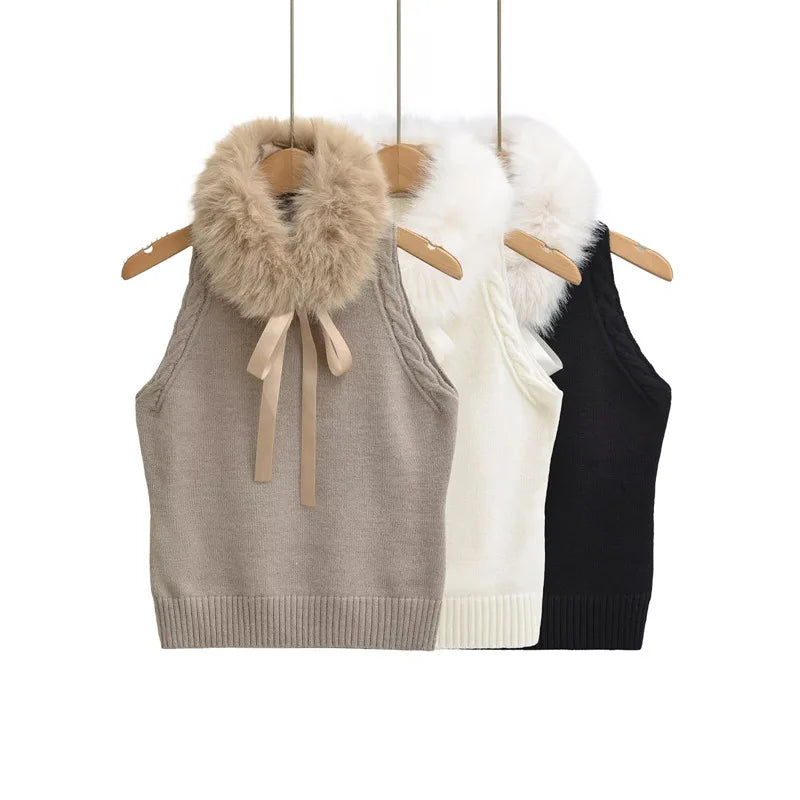 LIZAKOSHT  -  Women Fur Knit Ribbon Sleeveless Pullover Tank Vest
