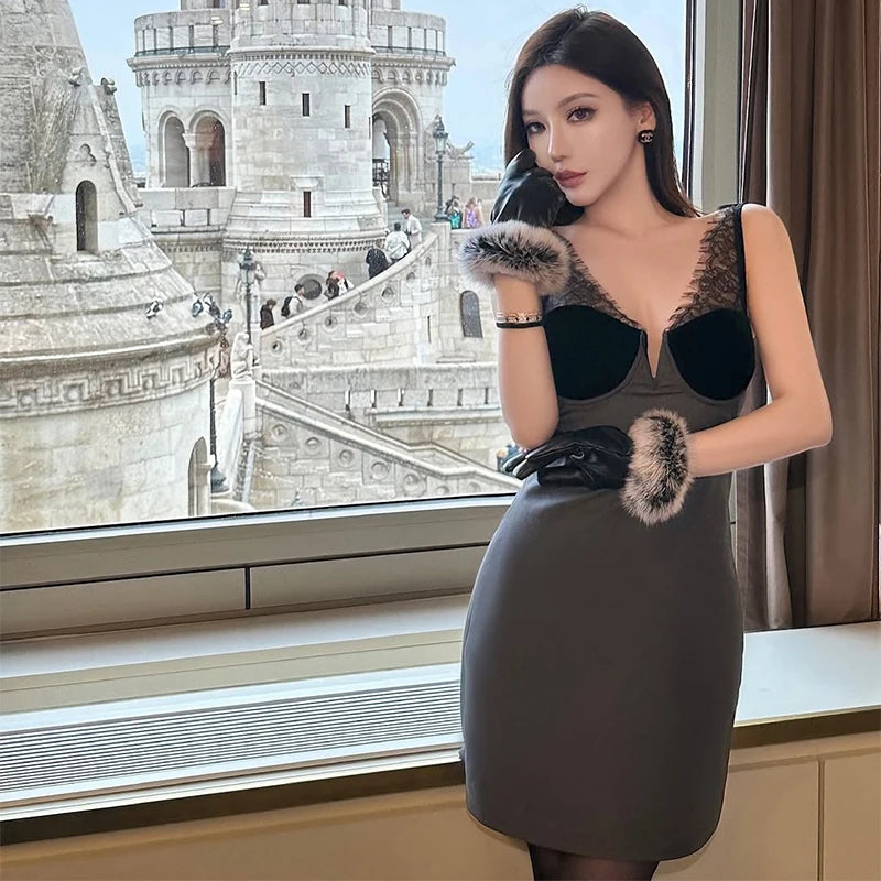 LIZAKOSHT  -  Sexy Women V-neck Satin Slingi Mini Dress Chic White Lace Patchwork Sleeveless Backless Slim Gowns Summer Evening Party Dresses