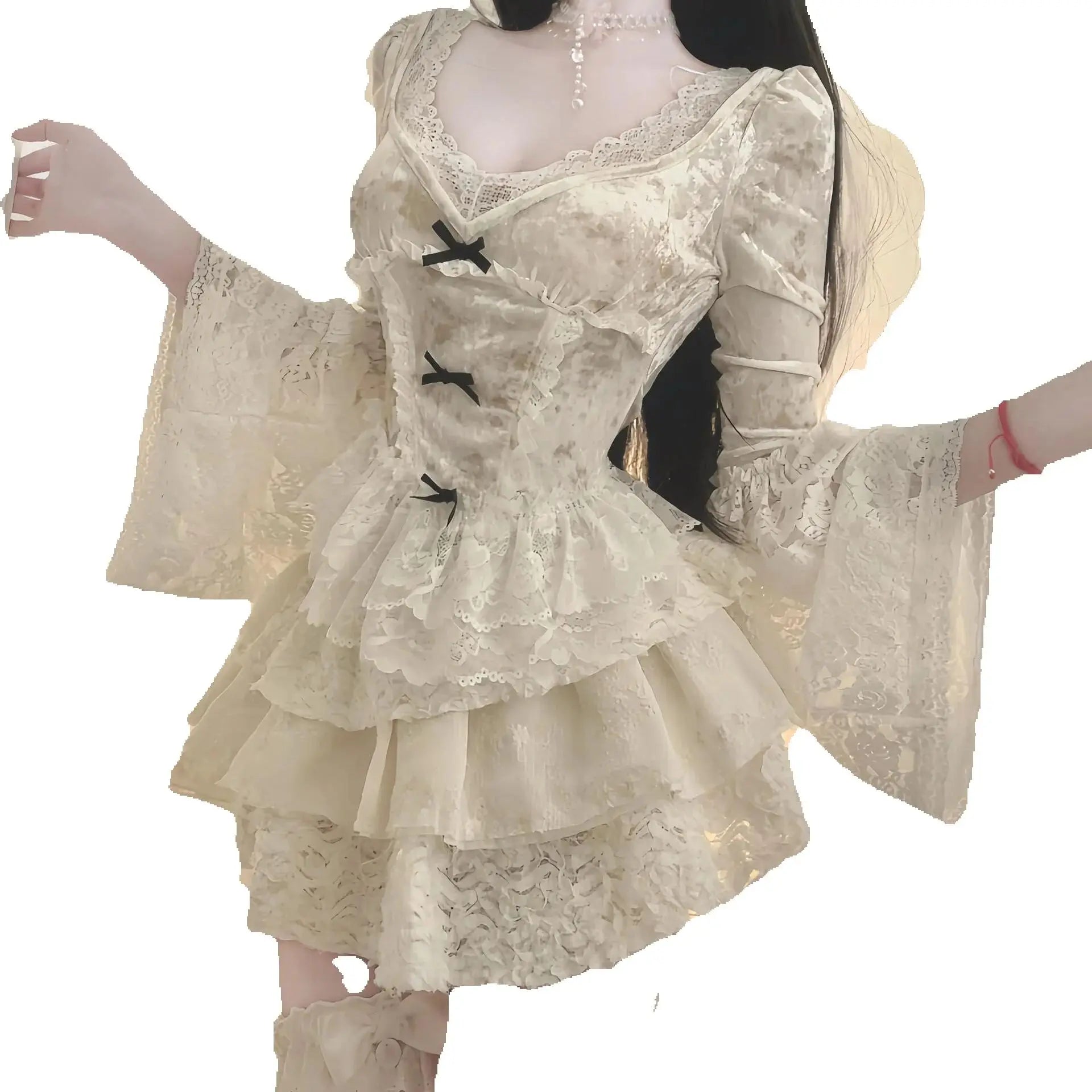 LIZAKOSHT  -  French Fluffy Skirt Two-Piece Suit Pure Lust Style Long-Sleeved Top Sweet And Spicy Slimming Lace Splicing Chic Versatile