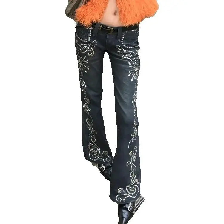 LIZAKOSHT  -  American Jeans Hot Girl Printed Gem Pattern Women New Design Micro-Flared Floor-Length Trousers