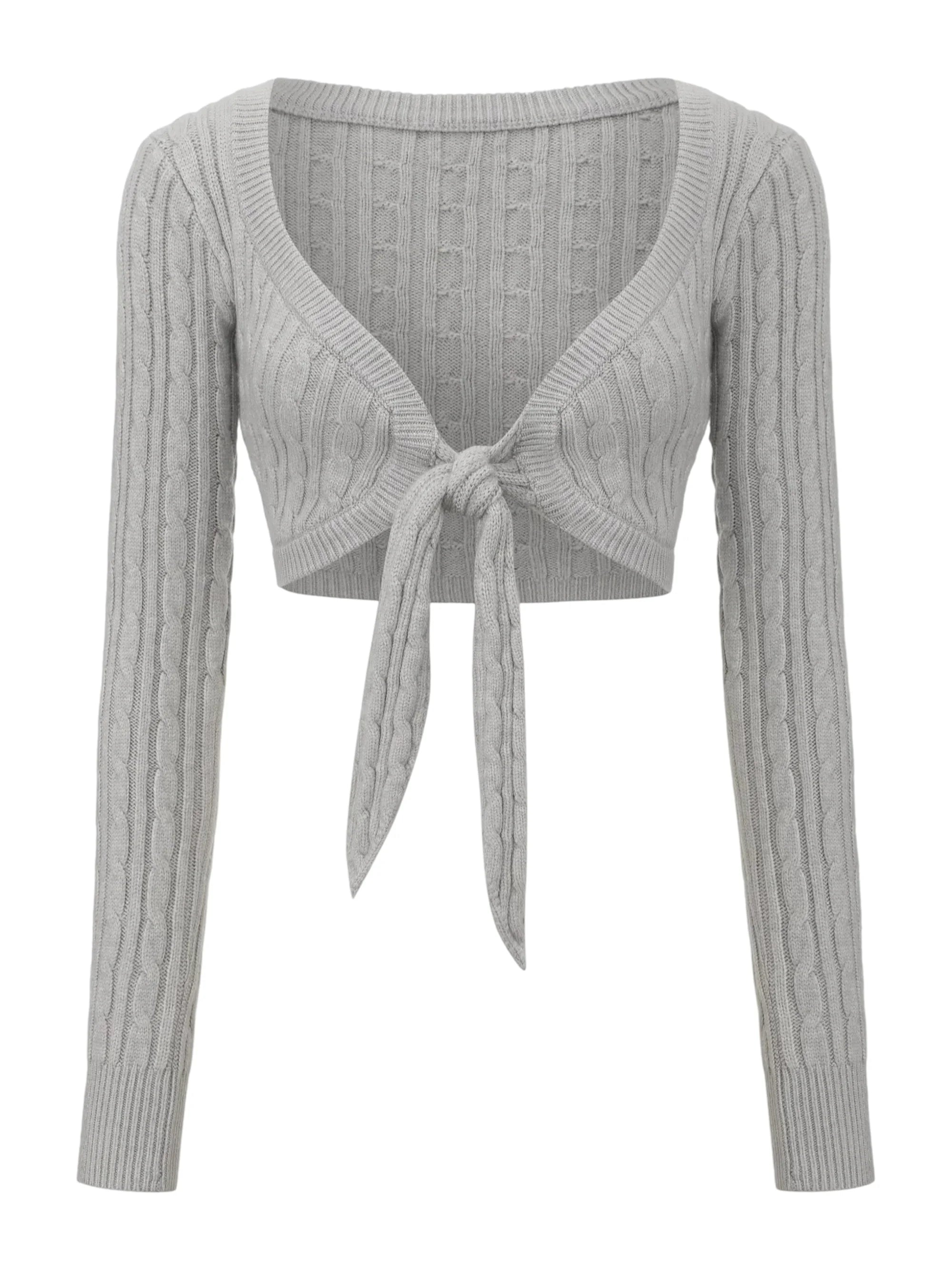 LIZAKOSHT  -  Y2K Women Front Tie Cropped Knit Tops Cable Twist Long Sleeve Deep V Neck Gray Knit Cardigan Vintage Personality Hot Girl Tops