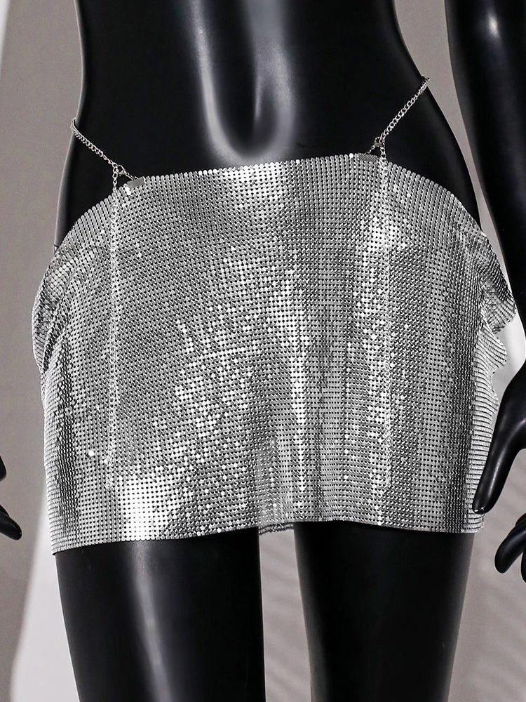 LIZAKOSHT  -  Sequin Glitter Skirt with Cut-Out Details Sexy Clubwear for Women Sparkly Party Mini Skirt Night Out Outfit