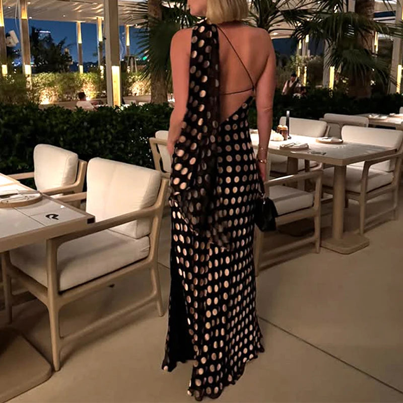LIZAKOSHT  -  Elegant Hanging Neck Backless Off-shoulder Polka Dot Chiffon Slimming Irregular Long Dress Party Vacation Clothes For Women