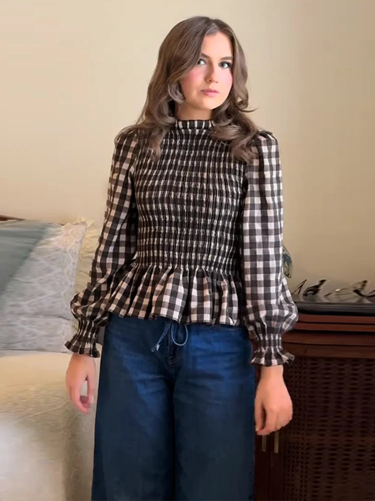LIZAKOSHT  -  Elegant French Chic Blouse Shirt Pink Plaid Vintage Ruffles Long Lantern Sleeve Slim Casual Ladies Women Blouses Top Streetwear