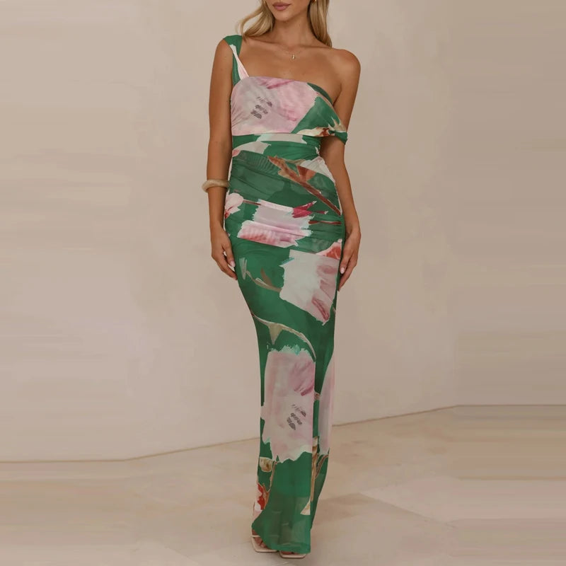 LIZAKOSHT  -  Pattern printed women's temperament slim fit dress casual vacation elegant off shoulder fashion party long dress