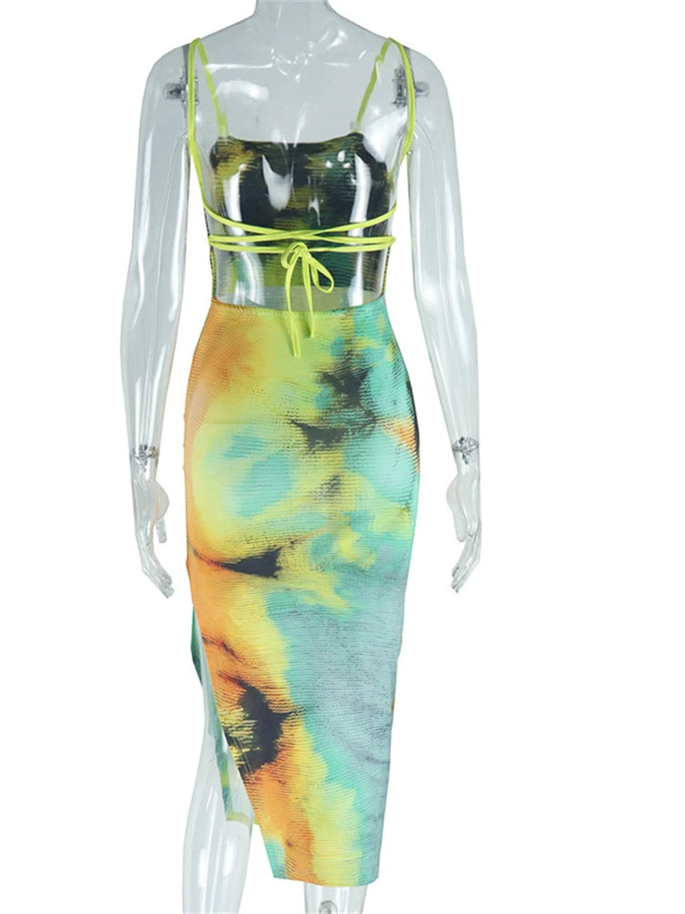 LIZAKOSHT  -  Summer Tie-dye Print Sexy Bandage Camisole Maxi Dress Vacation Outfit For Women 2024 Backless Split Beach Party Vestidos