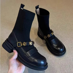 LIZAKOSHT  -  Elegant with Medium Heels Short Shoes for Woman Sock Booties Round Toe Women's Ankle Boots Brown Elastic Footwear Spring Autumn