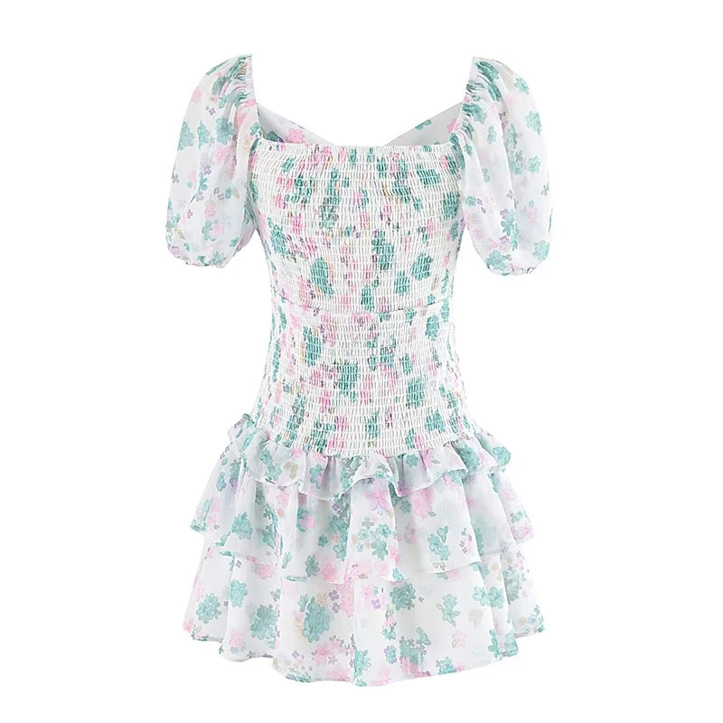 LIZAKOSHT  -  Floral Print Chiffon Summer Dress 2024 Women Vintage Puff Sleeve Drawstring V Neck Short Holiday Dresses Hollow Out Robe