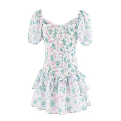 LIZAKOSHT  -  Floral Print Chiffon Summer Dress 2024 Women Vintage Puff Sleeve Drawstring V Neck Short Holiday Dresses Hollow Out Robe