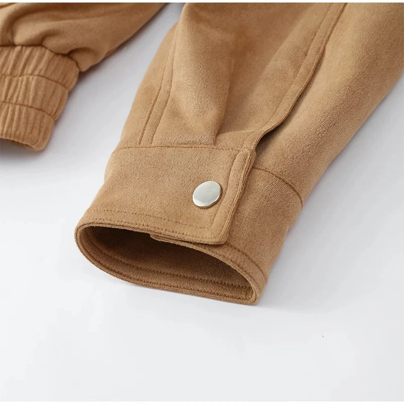 LIZAKOSHT  -  Elegant Cropped Suede Jacket Women 2025 New Autumn Winter Vintage Casual Loose Pocket Zipper Long Sleeve Short Coat Streetwear