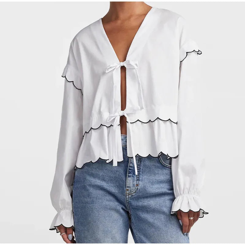 LIZAKOSHT  -  Casual Wave-edged Strap Blouse For Women V-neck Hollow Out Lace Up Ruffled Shirts Female Spring Summer New Chic Lady Tops