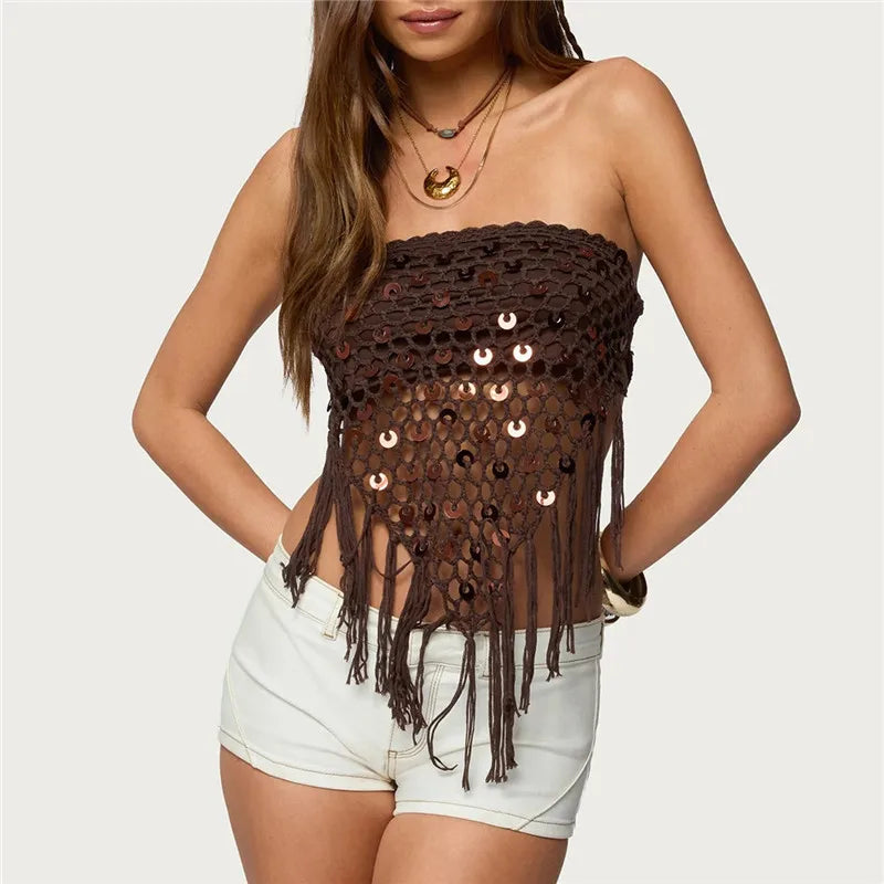 LIZAKOSHT  -  Sexy Strapless Backless Vest Women Knit Crochet Tube Top Sequins Hollow Out Irregular Summer Vacation Party Beachwear