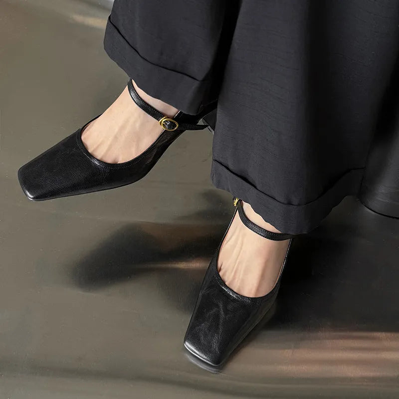 LIZAKOSHT  -  Fashion Pumps New High Quality True Leather Square Head Shallow Mouth High Heels Mary Jane Shoes Commuter Women's Shoes