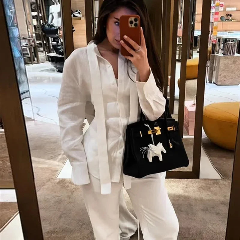 LIZAKOSHT  -  Casual Women's Lace Up Shirts Long Sleeve Solid Waist-Closed Button Lady Blouse 2025 Fall Fashion Female Streetwear New