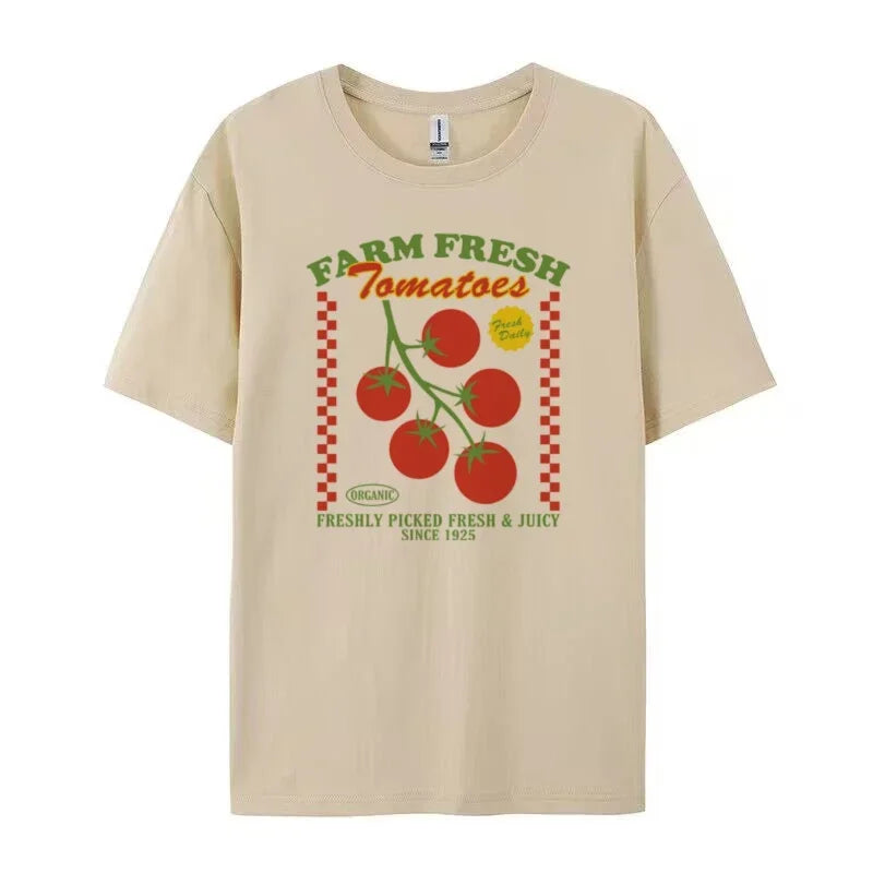 LIZAKOSHT  -  Farm Fresh Tomatoes Graphic Tops Summer Loose Fashion Women Tees Retro Style Fruit Vegetable T-Shirt Aesthetic Garden Shirt Y2k
