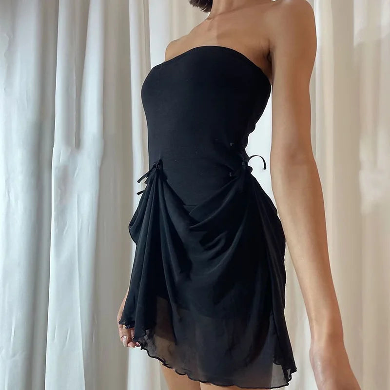 LIZAKOSHT  -  Lace up Adjustable Length Design Mesh Sexy Dress Women's Summer New Slim Fit Waist Closing Strapless Temperament Short Dress