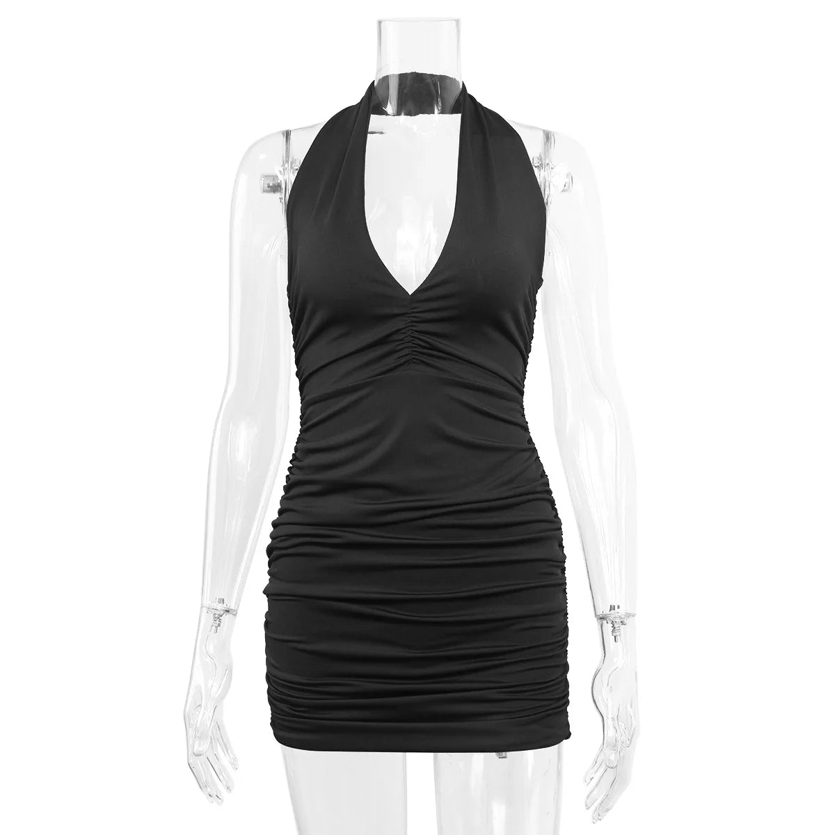 LIZAKOSHT  -  Women's V-neck Halter Neck Backless and Shoulder-free Sexy Simple Pleated Dress