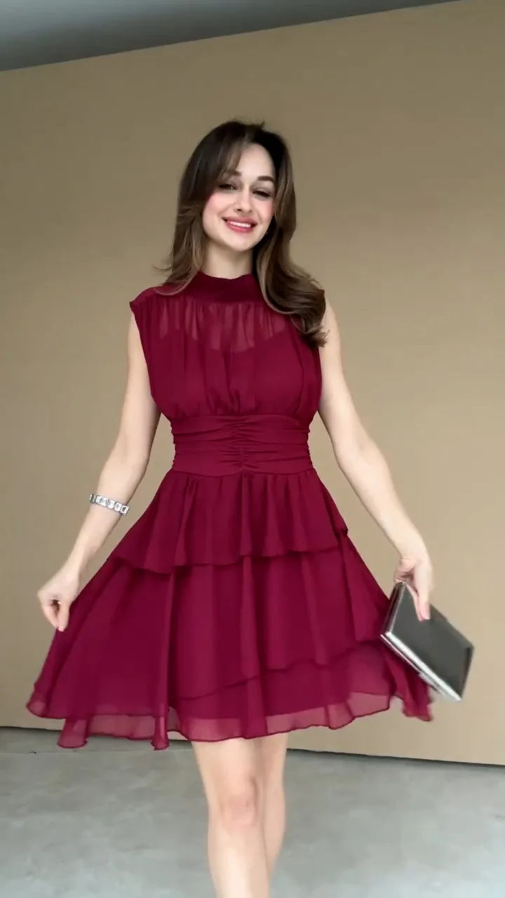 LIZAKOSHT  -  2026 Spring New Pure Desire Wind Coffee Break French Round Neck Waist Elegant Dress
