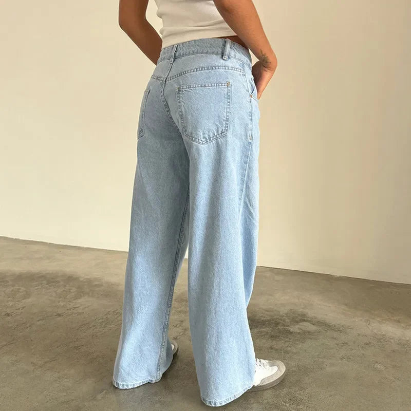 LIZAKOSHT  -  Women Jeans Low Waist Zipper Button Solid Color Trousers with Pockets for Daily Streetwear