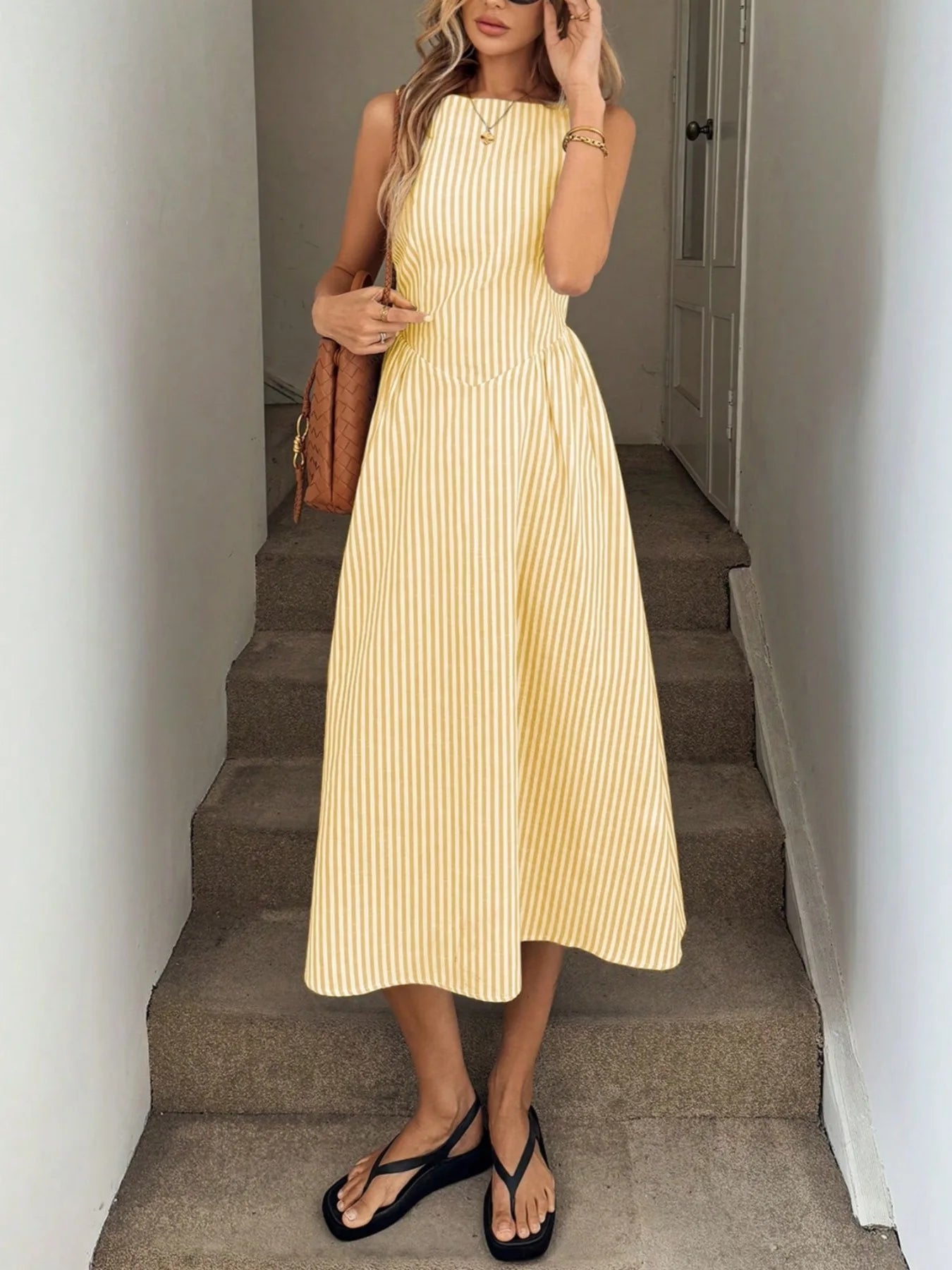 LIZAKOSHT  -  Women's Sleeveless Vertical Striped Midi Dress Elegant High Waist A-Line Vacation Dress