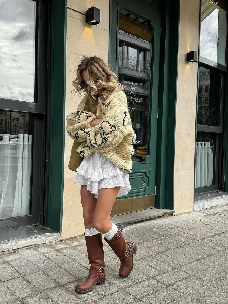 LIZAKOSHT  -  Women's Crochet Knitted V-neck Casual Cardigan Female Single Breasted Long Sleeved Sweater Female Streetwear Knitted Cardigans