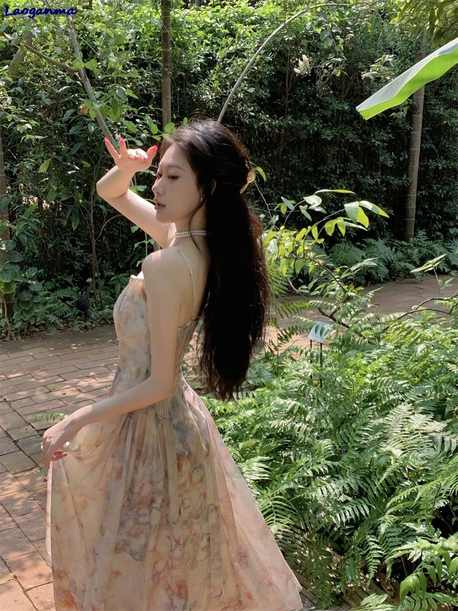 LIZAKOSHT  -  French Style Fairy Romantic Floral Printed Camisole Dress Ladies New Casual Beach Holiday Dresses Summer Midi Women Robe