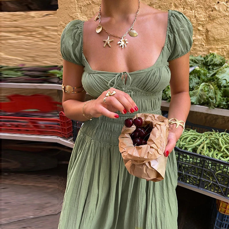 LIZAKOSHT  -  Summer Square Neck Short Sleeved Women's Party Dress Casual Beach Long Dresses Sexy Backless Lace Up Pleated Holiday Dress