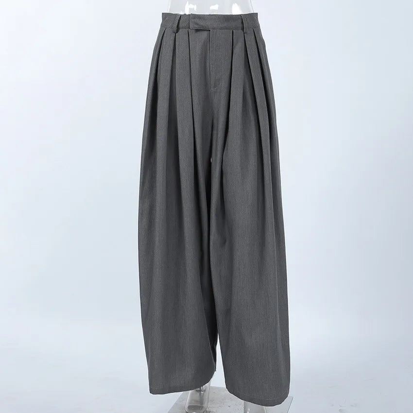 LIZAKOSHT  -  French Commuter Pleated Gray Suit Pants Women 2026 Autumn Street Wear Fashion Casual Loose Versatile Wide-leg Trousers