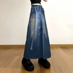 LIZAKOSHT  -  Denim Skirt Streamer Slit Long Skirt Burr High Waist Slim European And American Spice Girls A-Line Skirt Tide