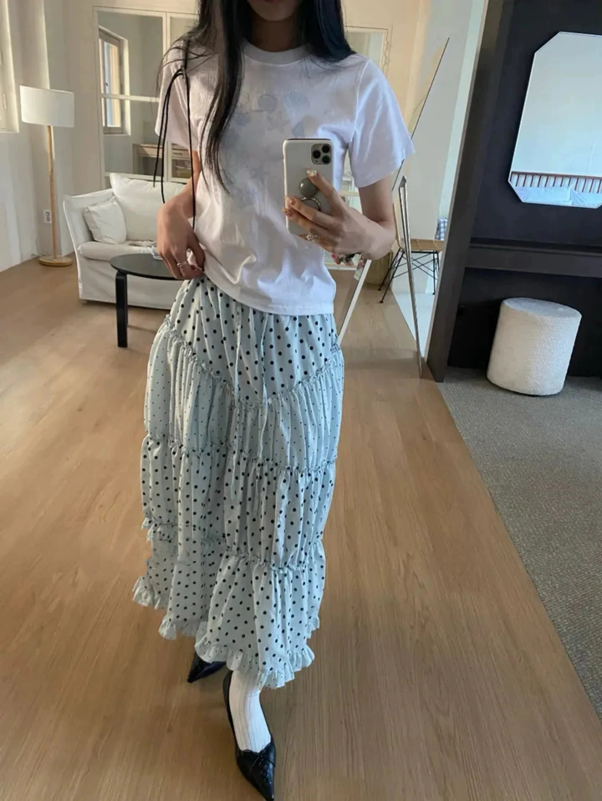 LIZAKOSHT  -  Mint Green Polka Dot Half Skirt with Lace Splicing Retro  Style Korean Waist Design Polyester Fabric H-Shape Long Skirt