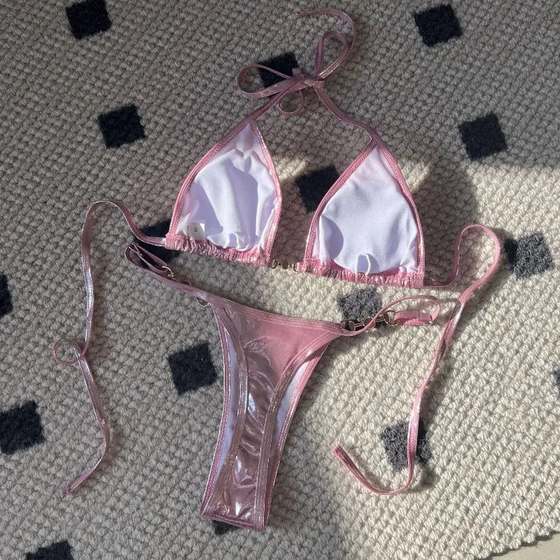 LIZAKOSHT  -  Shiny Pink Micro Bikini Mujer Women Sexy PU Pearls Push Up Thong Swimsuit Summer Bathing Suit Bandage Holiday Swimwear