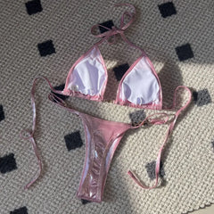 LIZAKOSHT  -  Shiny Pink Micro Bikini Mujer Women Sexy PU Pearls Push Up Thong Swimsuit Summer Bathing Suit Bandage Holiday Swimwear