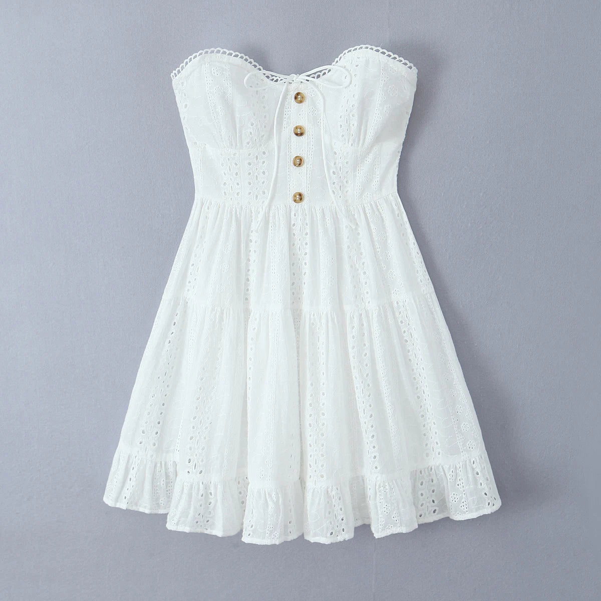 LIZAKOSHT  -  Evening Party Embroideryed Dress Elegant Summer Solid Color White Lace dress Off Shoulder Short Dress Front Tie Back Shirred