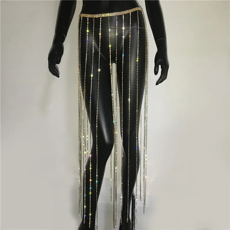 LIZAKOSHT  -  Glitter Rhinestone Long Tassel Skirts For Women Handmade Sexy Diamond Chain Summer Beach Nightclub Party Skirt Belt Accessory